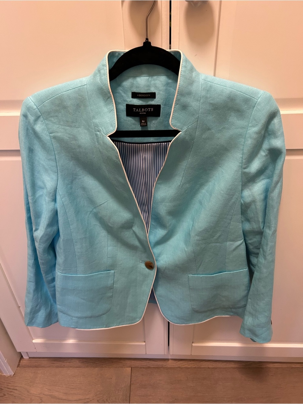 Talbots Light Blue Single-Button Linen-Blend Blazer with White Piping
